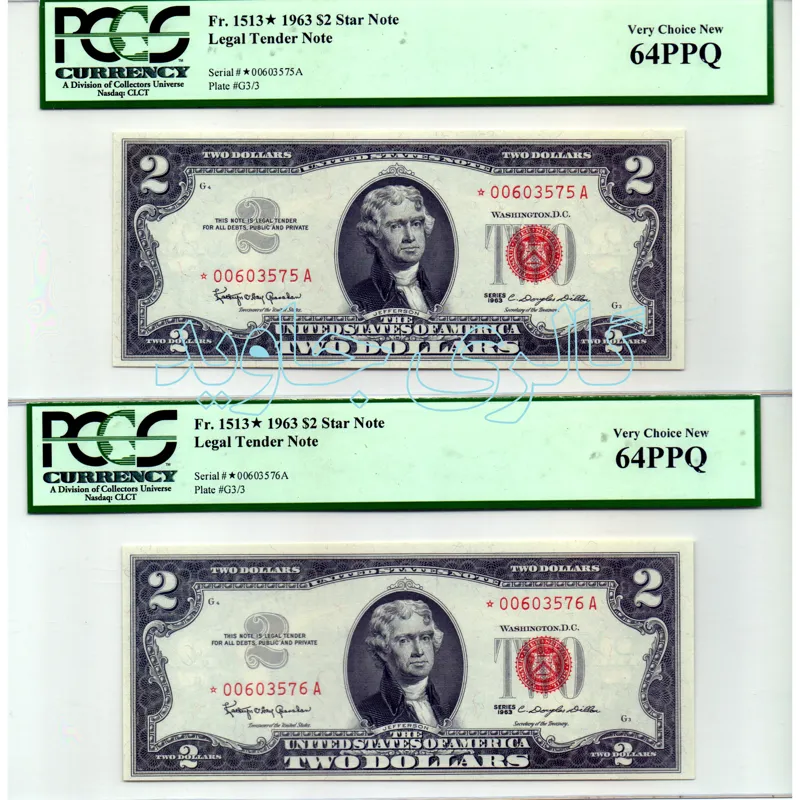 «جفت 2 دلاری مهر قرمز 1963 استار نوت PCGS»