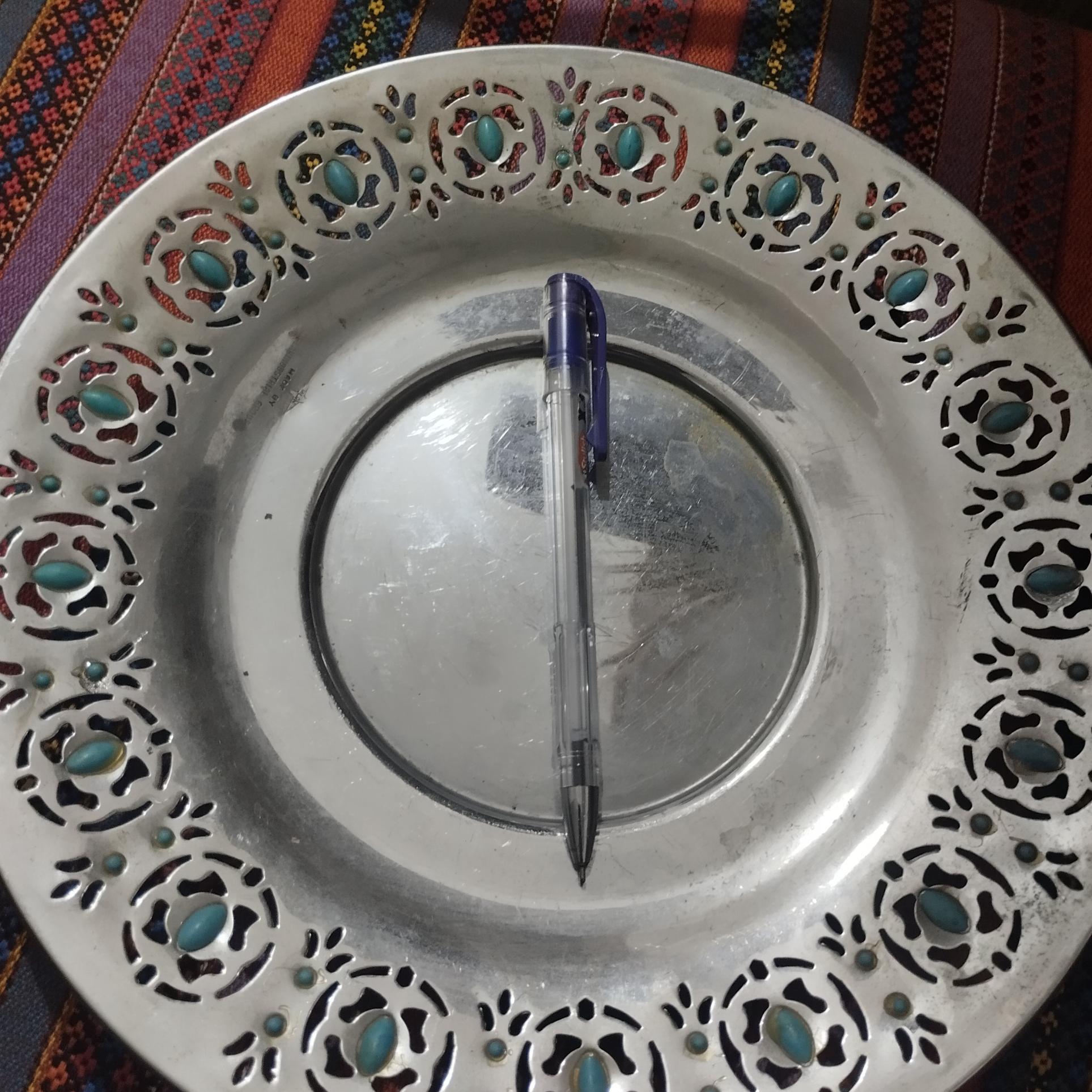 بشقاب برنجی روکش کروم سه پایه فیروزه ومارک دار