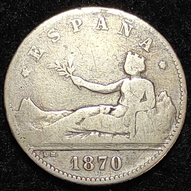 سکه نقره کمیاب و زیبای یک پزوتا 1870 اسپانیا