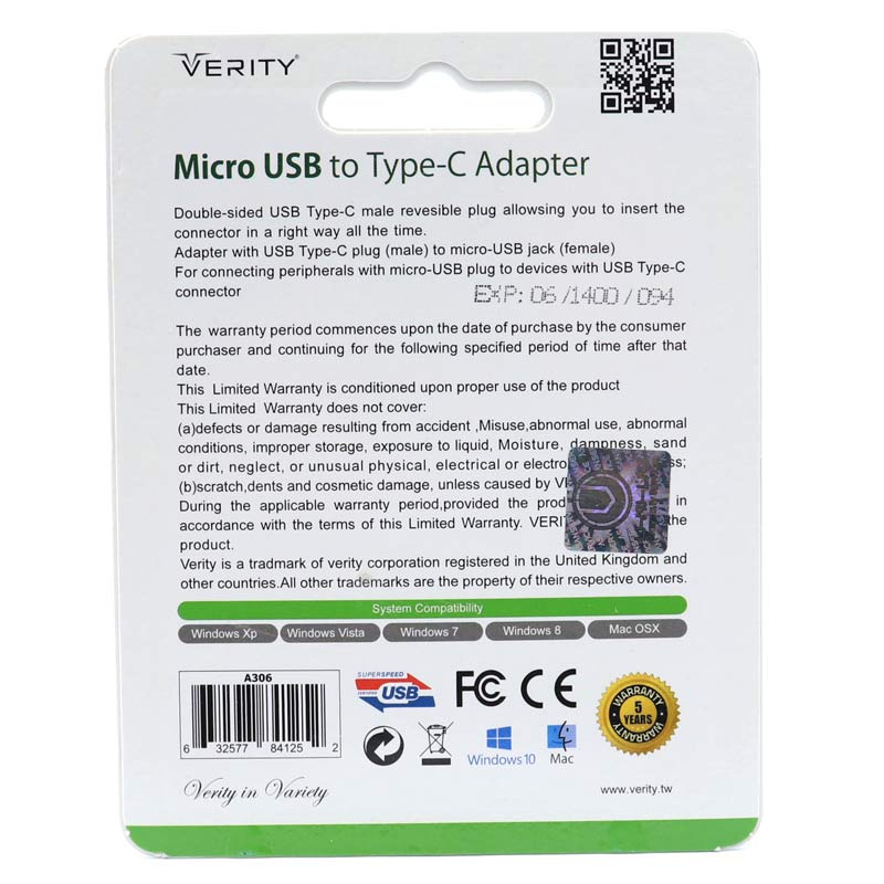 5عدد تبدیل Verity A306  A301 MicroUSB To Type-C