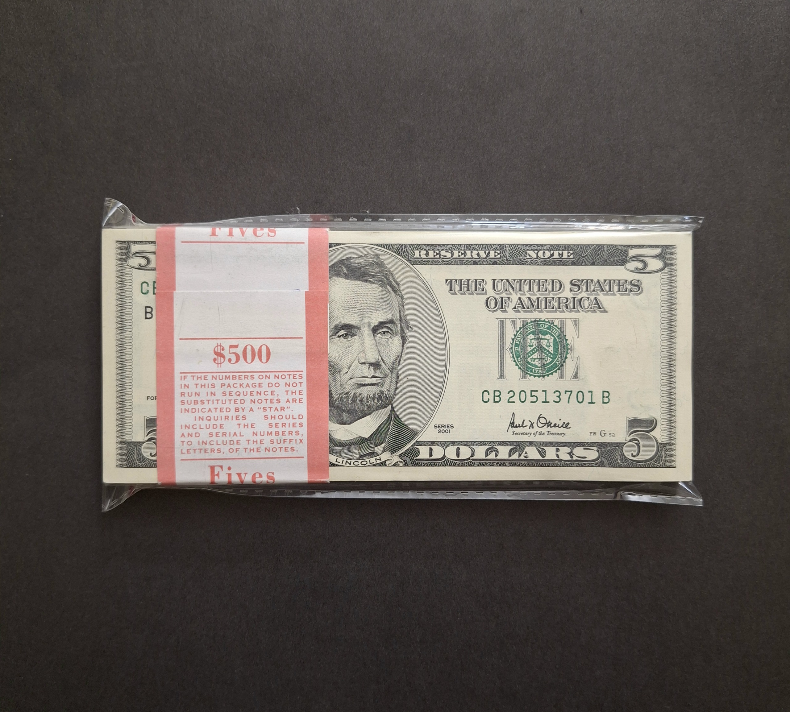 بسته آکبند 5 دلاری سفید چاپ 2001