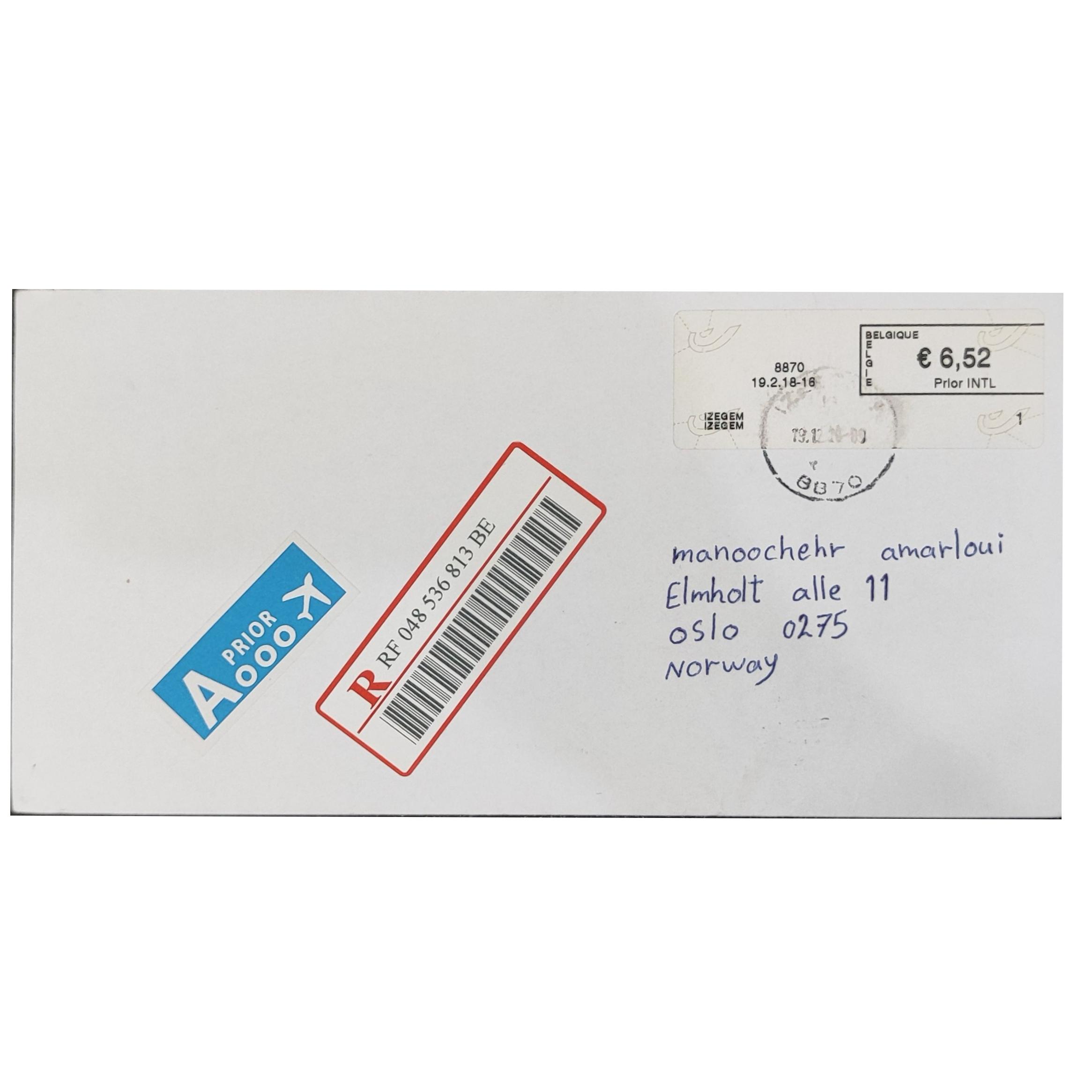 پاکت خارجی بلژیک نروژ دارای 6.5 یورو اتیکت تمبر