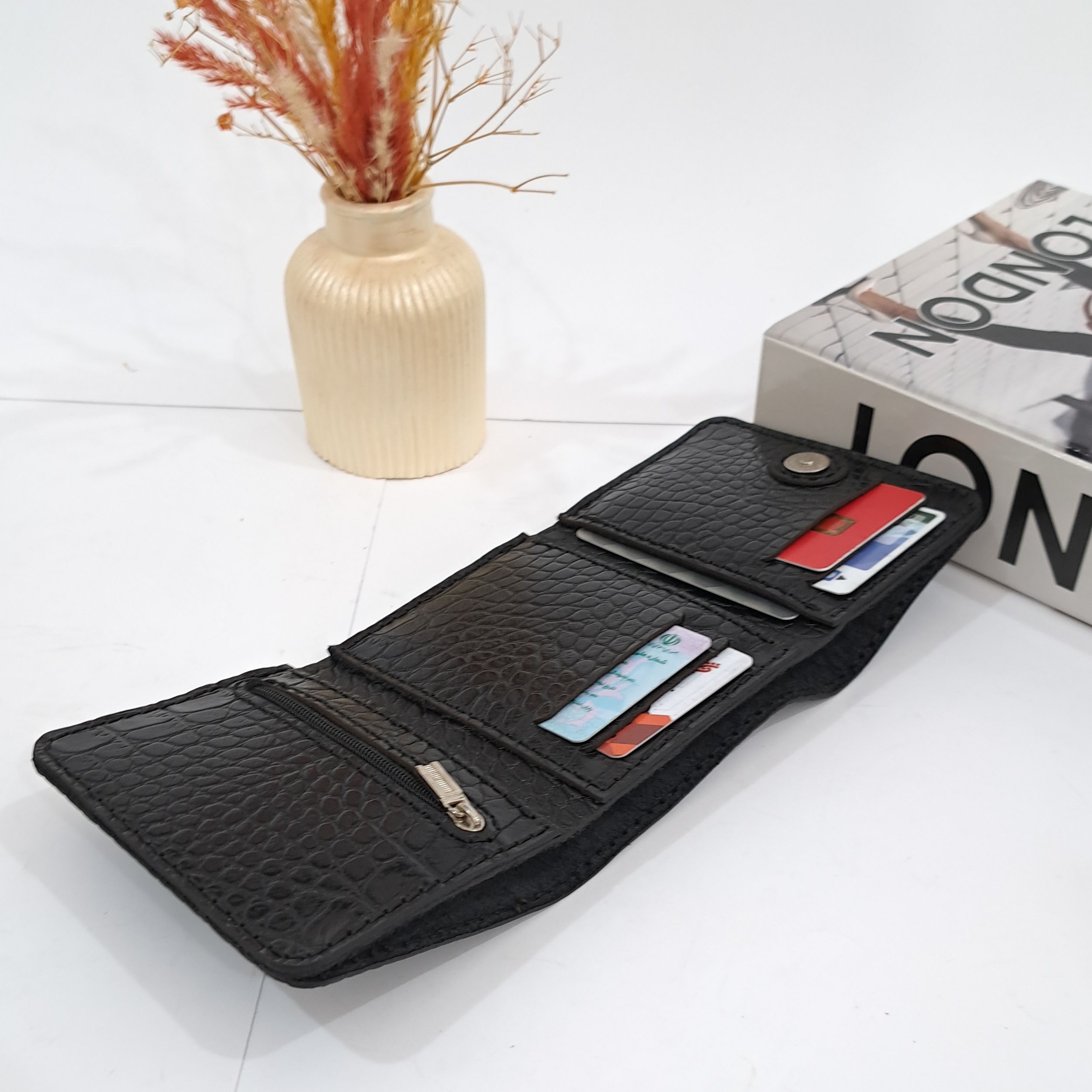 کیف پول جیبی چرم طبیعی مشکی مدل 3 لت