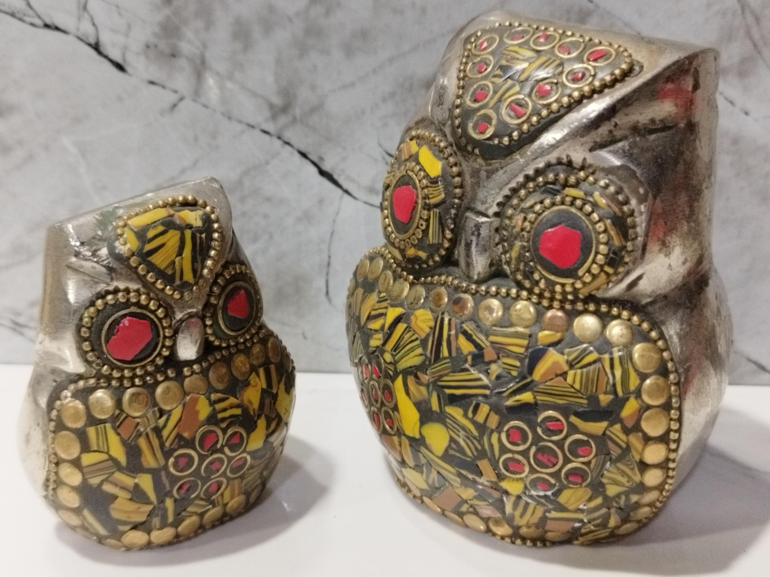 یک جفت مجسمه جغد قدیمی برنز و مینا کاری