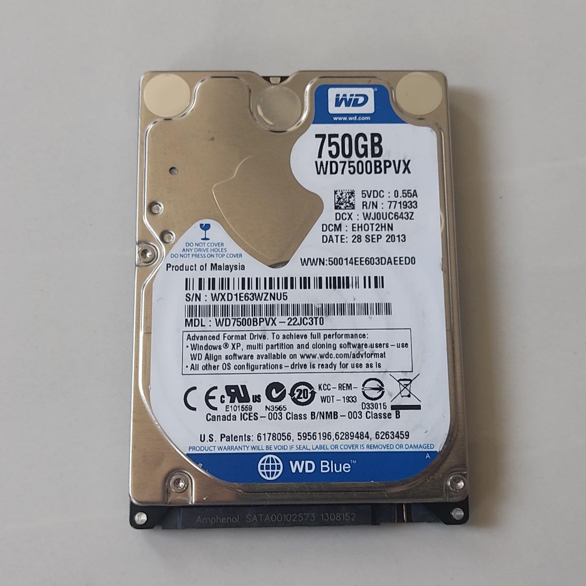 هارد750گیگWD-سلامت 100 درصد کارکرد4روز سرعت6Gb/s